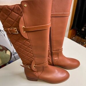 Isaac Mizrahi Live! Wide Calf Quilted Leather Riding Boots Cognac Women’s 6.5